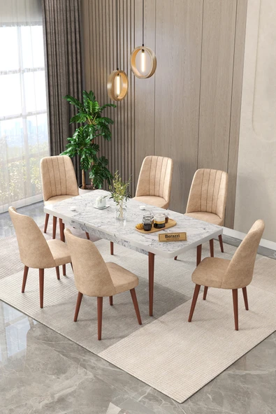 Maholandin Mermer 80x130 Açılır Yemek Masası , Yemek Masa Takımı Metal Ayaklı 6 Sandalye Beyaz mermer x cappucino ürün görseli 1