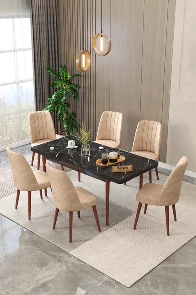 Maholandin Siyah 80x130 Açılır Yemek Masası , Yemek Masa Takımı Metal Ayaklı 6 Sandalye Siyah x cappucino ürün görseli 1