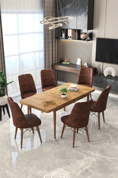 Maholandin Açılır kapanır 6 sandalyeli yemek masası takımı Acı Kahve ürün görseli 1