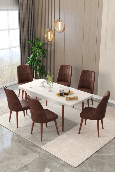 Maholandin Beyaz 80x130 Açılır Mutfak Masası , Mutfak Masa Takımı Ayaklı 6 Sandalye Beyaz x Kahve ürün görseli 1