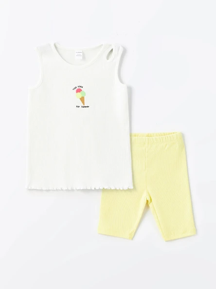 LCW Kids Ekru Bisiklet Yaka Kız Bebek Bluz ve Şort 2'li Takım ürün görseli 1
