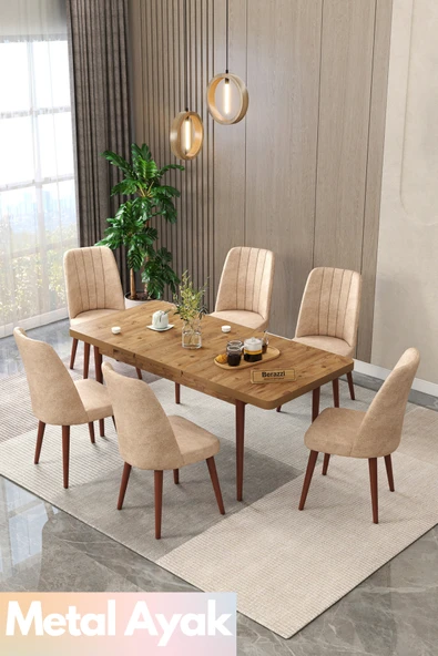 Maholandin Jon serisi 6 Kişilik Açılır Masa Sandalye Takımı Mutfak Masası Takımı Metal Ayak Çam x Cappucino ürün görseli 1