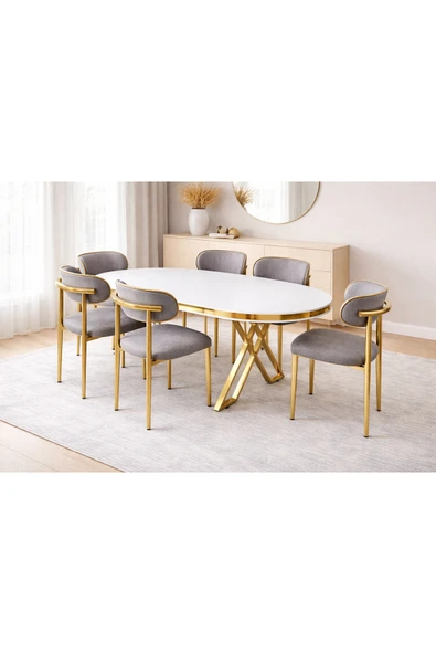 Maholandin Oslo yemek masası mutfak masası 90x160 Lüx masa (sadece masa) beyaz gold ürün görseli 1