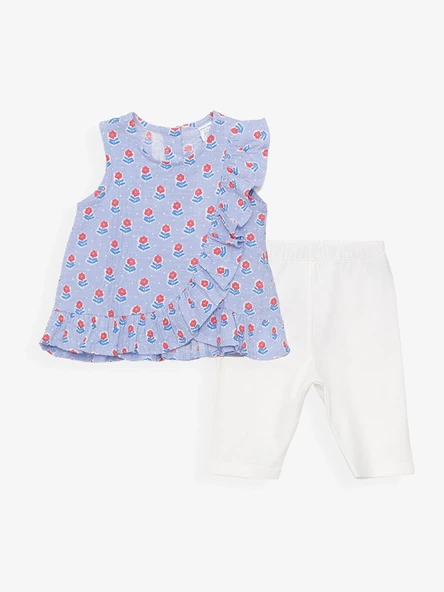 LCW baby Mavi Bisiklet Yaka Kolsuz Baskılı Kız Bebek Bluz ve Pantolon 2'li Takım ürün görseli 1
