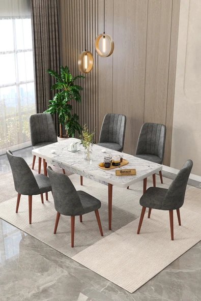 Maholandin Mermer 80x130 Açılır Yemek Masası , Yemek Masa Takımı Metal Ayaklı 6 Sandalye Beyaz mermer x Gri ürün görseli 1