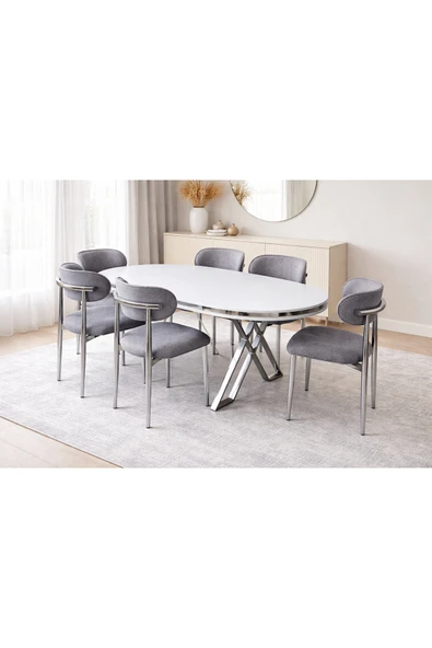 Maholandin Oslo yemek masası mutfak masası 90x160 Lüx masa(sadece masa) beyaz gümüş ürün görseli 1
