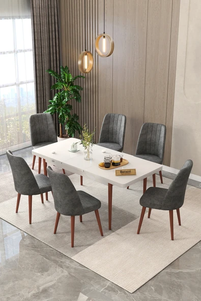 Maholandin Beyaz 80x130 Açılır Mutfak Masası , Mutfak Masa Takımı  Ayaklı 6 Sandalye Beyaz x Gri ürün görseli 1