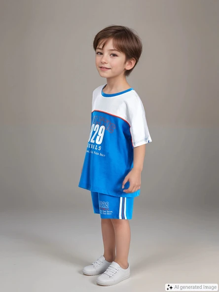 LCW Kids Mavi Bisiklet Yaka Kısa Kollu Baskılı Erkek Bebek Tişört ve Şort 2'li Takım ürün görseli 1