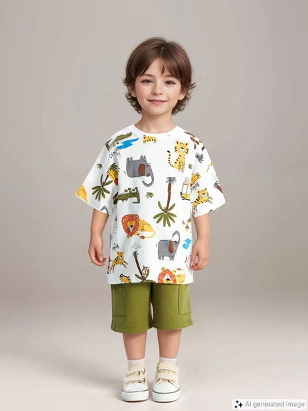LCW Kids Ekru Bisiklet Yaka Baskılı Erkek Bebek Tişört ve Şort 2'li Takım ürün görseli 1