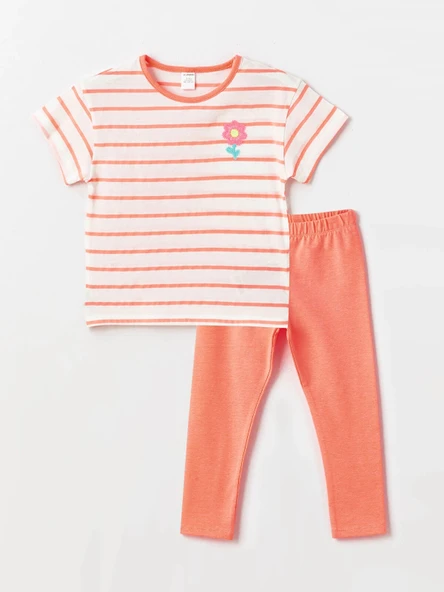 LCW Kids Karişik Bisiklet Yaka Kısa Kollu Çizgili Kız Bebek Tişört ve Tayt 2'li Takım ürün görseli 1