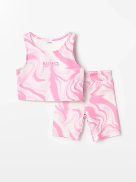 LCW Kids Pembe Bisiklet Yaka Batik Desenli Kız Çocuk Atlet ve Tayt ürün görseli 1