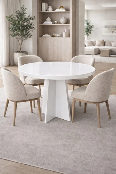 Maholandin Traverten 4 kişilik 90x90 kalınlaştırmalı Lüx Yuvarlak masa Beyaz ürün görseli 1