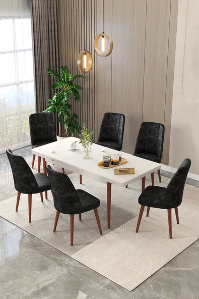 Maholandin Beyaz 80x130 Açılır Mutfak Masası , Mutfak Masa Takımı Metal Ayaklı 6 Sandalye Beyaz x Siyah ürün görseli 1
