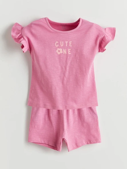 LCW baby Pembe Bisiklet Yaka Kız Bebek Şortlu Pijama Takımı ürün görseli 1
