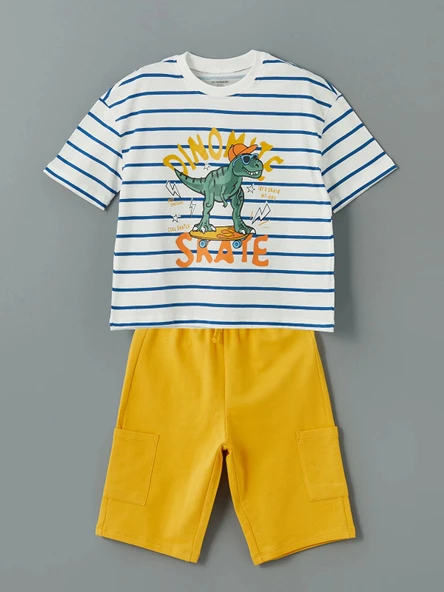 LCW Kids Ekru Bisiklet Yaka Erkek Çocuk Tişört ve Şort 2'li ürün görseli 1