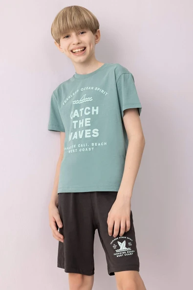 Defacto D9990 Yeşil Erkek Çocuk Pijama Takımı Baskılı Kısa Kollu Üst Beli Lastikli Şort ürün görseli 1