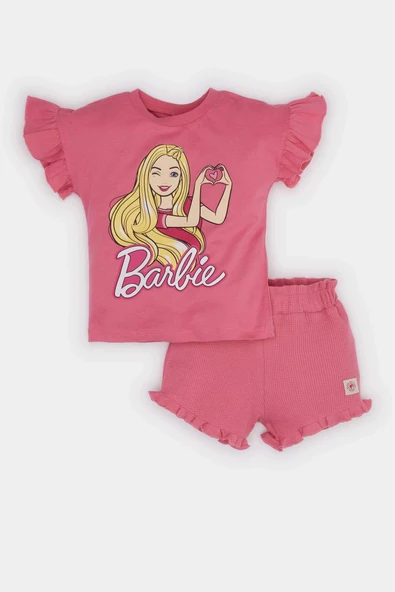 Defacto E9128 Pembe Kız Bebek Barbie 2'li Takım Kısa Kollu Tişört Beli Lastikli Şort ürün görseli 1