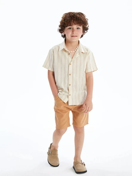 LCW Kids Bej Çizgili Erkek Çocuk Gömlek ve Şort 2'li ürün görseli 1