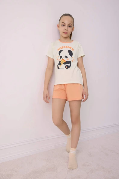 Defacto E6428 Ekru Kız Çocuk Pijama Takımı Kısa Kollu Üst Esnek Belli Şort ürün görseli 1