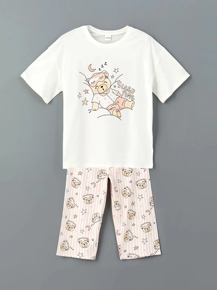 LCW Kids Ekru Bisiklet Yaka Kız Çocuk Pijama Takım ürün görseli 1