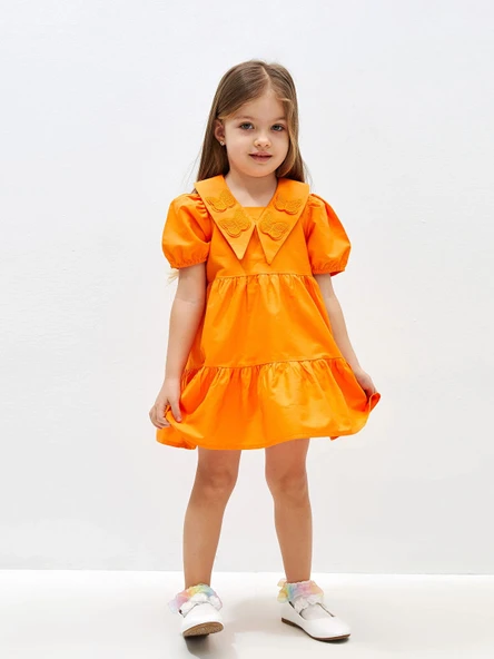 LCW Kids Turuncu V Yaka Kısa Kollu Kısa Kollu Kız Bebek Elbise ürün görseli 1