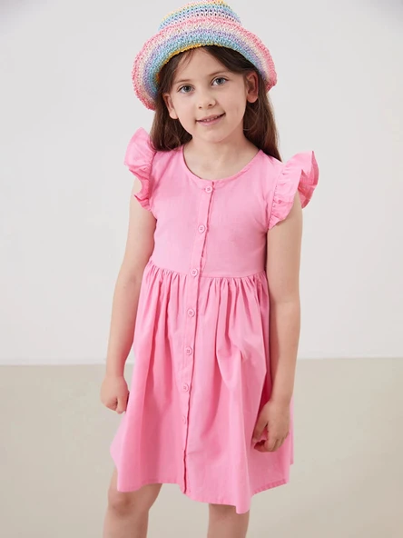 LCW Kids Pembe Pileli Kız Çocuk Keten Görünümlü Gömlek Elbise ürün görseli 1
