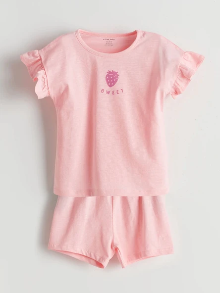 LCW baby Pembe Bisiklet Yaka Kız Bebek Şortlu Pijama Takımı ürün görseli 1
