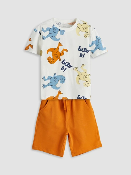 LCW Kids Ekru Dinozor Baskılı Erkek Çocuk Tişört ve Şort 2'li ürün görseli 1
