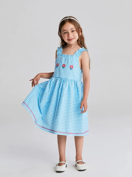 LCW Kids Mavi Kare Yaka Çiçekli Kız Çocuk Keten Elbise ürün görseli 1