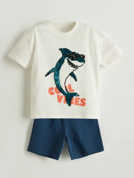 LCW Kids Ekru Baskılı Erkek Çocuk Tişört ve Şort 2'li ürün görseli 1