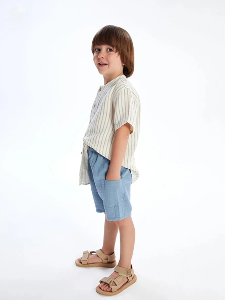LCW Kids Bej Çizgili Erkek Çocuk Gömlek ve Şort 2'li ürün görseli 1