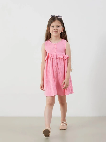 LCW Kids Pembe Önden Düğmeli Müslin Kız Çocuk Elbise ürün görseli 1
