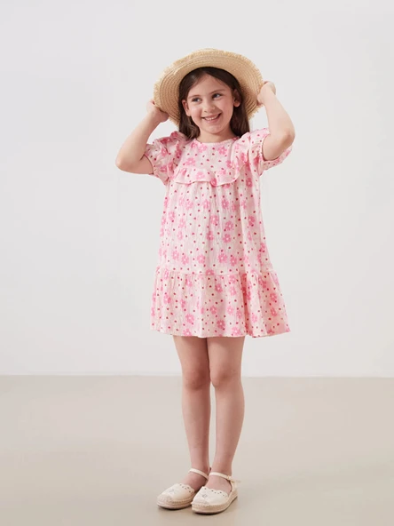 LCW Kids Pembe Çiçekli Krinkle Fırfırlı Kız Çocuk Elbise ürün görseli 1