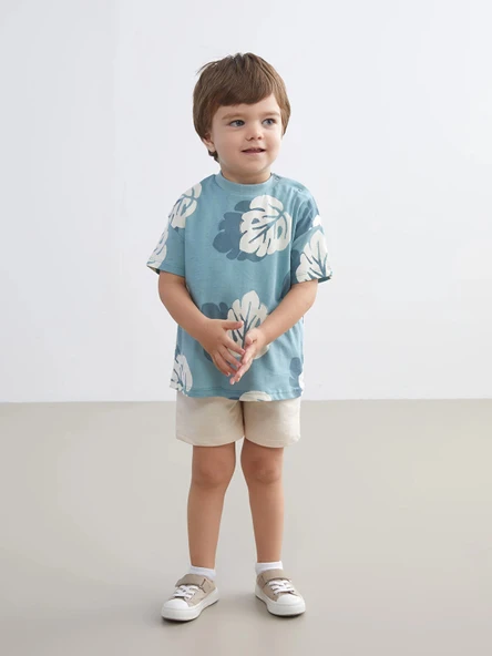 LCW baby Mavi Baskılı Erkek Bebek Tişört ve Şort 2'li ürün görseli 1