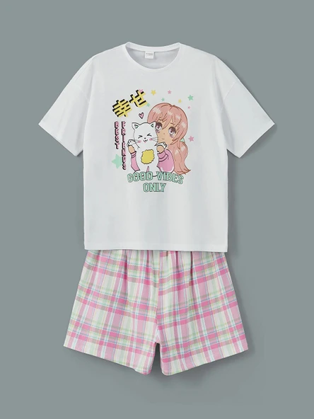 LCW Kids Beyaz Bisiklet Yaka Kız Çocuk Şortlu Pijama Takımı ürün görseli 1