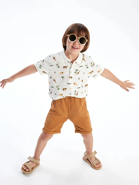 LCW Kids Ekru Baskılı Erkek Çocuk Tişört ve Şort 2'li ürün görseli 1