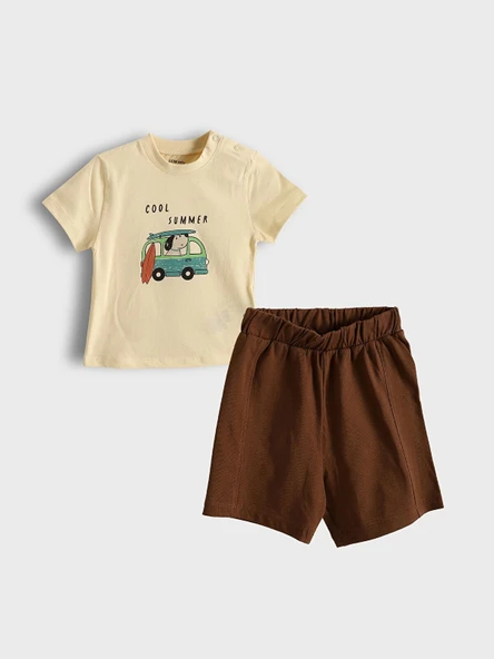 LCW baby Bej Bisiklet Yaka Baskılı Erkek Bebek Tişört ve Şort 2'li ürün görseli 1