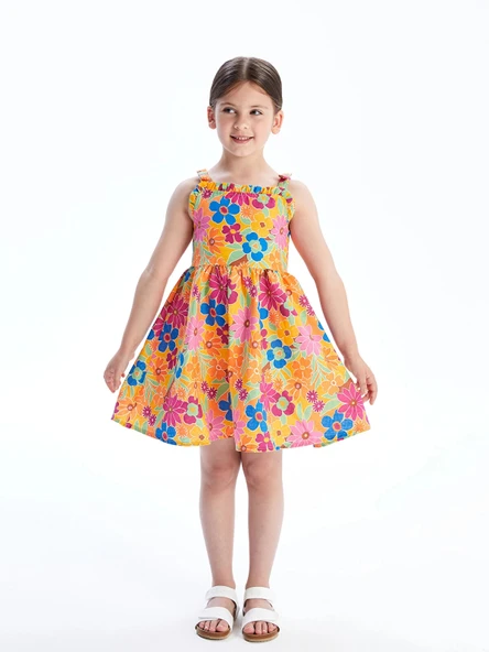 LCW Kids Karişik Çiçekli Fırfırlı Kız Çocuk Keten Elbise ürün görseli 1