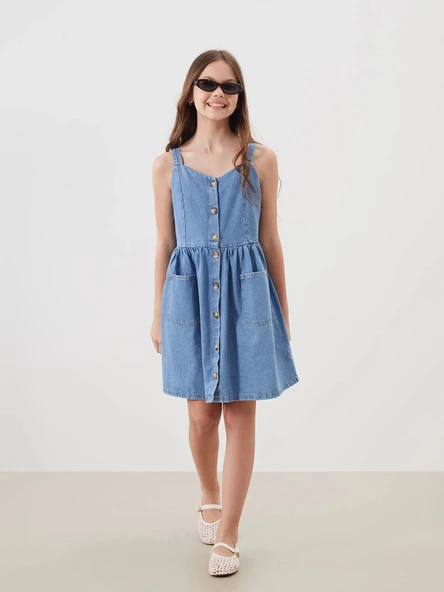 LCW Kids Indigo Kare Yaka Kız Çocuk Jean Elbise ürün görseli 1