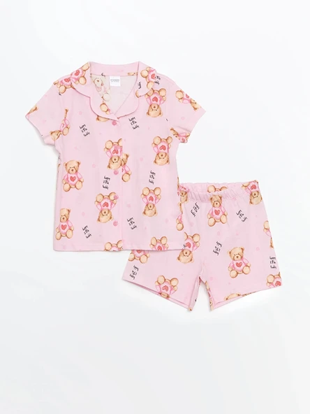 LCW Kids Pembe Gömlek Yaka Kız Çocuk Şortlu Pijama Takımı ürün görseli 1