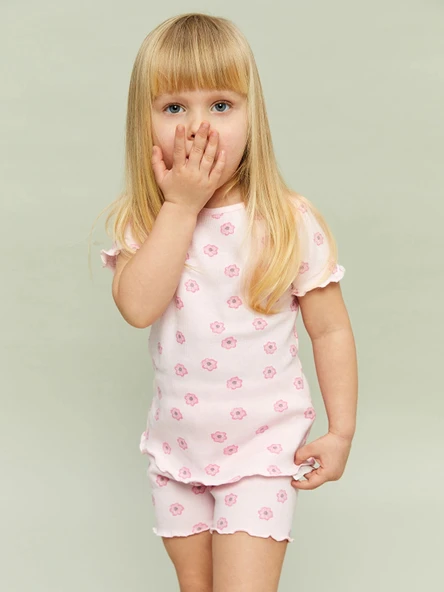 LCW baby Pembe Bisiklet Yaka Kız Bebek Şortlu Pijama Takımı ürün görseli 1
