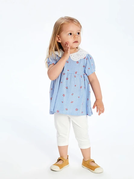 LCW Kids Ekru Çiçekli Fırfırlı Kız Çocuk Bluz ve Tayt 2'li ürün görseli 1