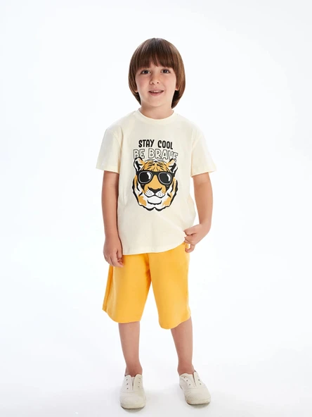 LCW Kids Bej Bisiklet Yaka Baskılı Erkek Çocuk Tişört ve Şort 2'li ürün görseli 1