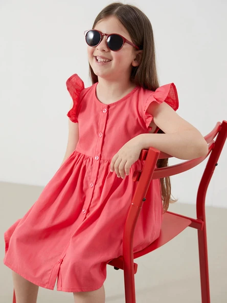 LCW Kids Kirmizi Pileli Kız Çocuk Keten Görünümlü Gömlek Elbise ürün görseli 1