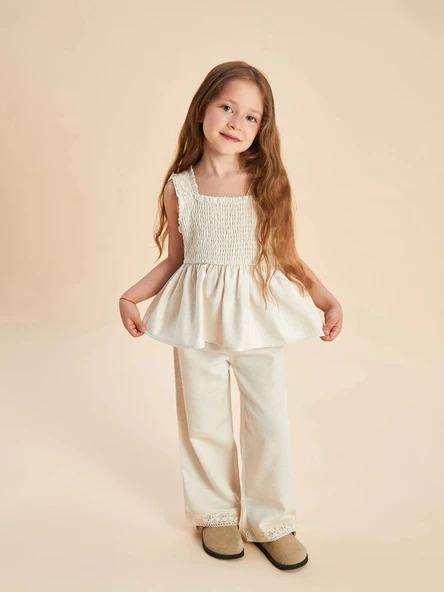 LCW Kids Bej Keten Görünümlü Kız Çocuk Bluz ve Pantolon 2'li ürün görseli 1