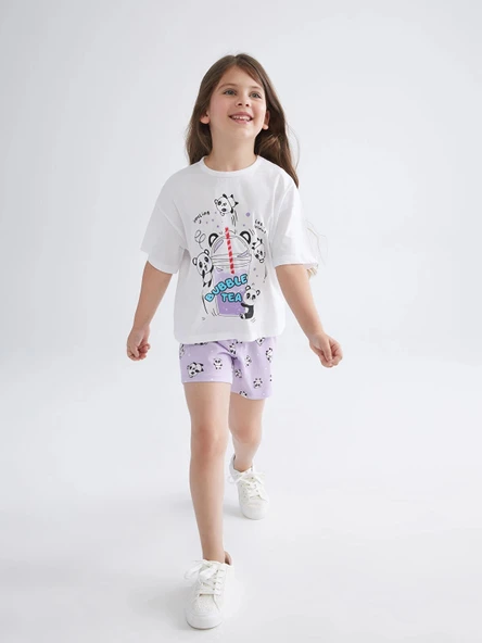 LCW Kids Beyaz Bisiklet Yaka Baskılı Kız Çocuk Şortlu Pijama Takımı ürün görseli 1