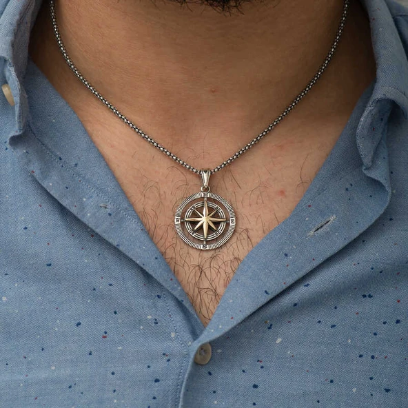 925 Ayar Gümüş Pusula Unisex Kolye - Resim 2
