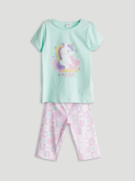 LCW Kids Turkuaz Bisiklet Yaka Baskılı Kız Çocuk Pijama Takımı ürün görseli 1