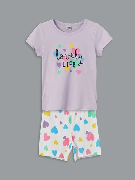 LCW Kids Lila Bisiklet Yaka Baskılı Kısa Kollu Kız Çocuk Şortlu Pijama Takımı ürün görseli 1