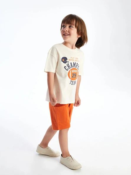 LCW Kids Bej Bisiklet Yaka Baskılı Erkek Çocuk Tişört ve Şort 2'li ürün görseli 1